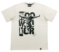 a white t - shirt with a man jumping in the air