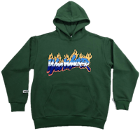 a green hoodie with flames on it