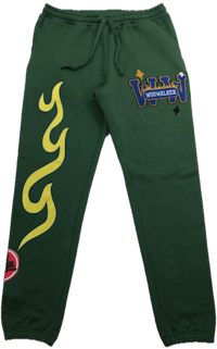 a green sweatpants with a yellow and green logo