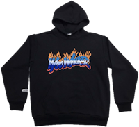 a black hoodie with flames on it