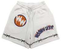 a white short with an orange and blue logo on it