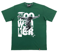 a green t - shirt with a man jumping in the air